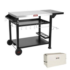 Feasto Outdoor Grill Table Cart, Pizza Oven Table Stand for Outdoor Indoor, 40'' x 26'' Stainless Steel Tabletop Dining BBQ Grill Table with Wheels for Food Prep, 3-Shelf Kitchen Cart Table with Cover