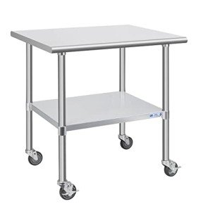 Hally Stainless Steel Table for Prep & Work 30 x 36 Inches with Caster Wheels, NSF Commercial Heavy Duty Table with Undershelf and Galvanized Legs for Restaurant, Home and Hotel