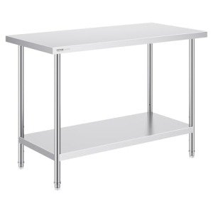 VEVOR Stainless Steel Prep Table, 24 x 48 x 34 Inch, 800 lbs Load Capacity, Heavy Duty Metal Worktable with 3 Adjustable Height Levels, Commercial Workstation for Kitchen Garage Restaurant Backyard