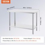 VEVOR Stainless Steel Prep Table, 24 x 48 x 34 Inch, 800 lbs Load Capacity, Heavy Duty Metal Worktable with 3 Adjustable Height Levels, Commercial Workstation for Kitchen Garage Restaurant Backyard