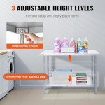 VEVOR Stainless Steel Prep Table, 24 x 48 x 34 Inch, 800 lbs Load Capacity, Heavy Duty Metal Worktable with 3 Adjustable Height Levels, Commercial Workstation for Kitchen Garage Restaurant Backyard