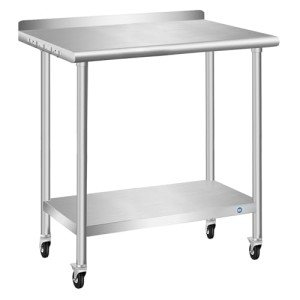 PIUMACU Stainless Steel Table with Wheels 30 x 18 Inch w/Backsplash, Commercial Stainless Steel Prep Table, NSF Stainless Steel Metal Table for Home Kitchen Restaurant Outdoor