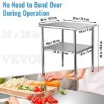 VEVOR Stainless Steel Prep Table, 30 x 30 x 36 Inch, 800lbs Load Capacity Heavy Duty Metal Worktable with Adjustable Undershelf & Feet, Commercial Workstation for Kitchen Garage Restaurant Backyard