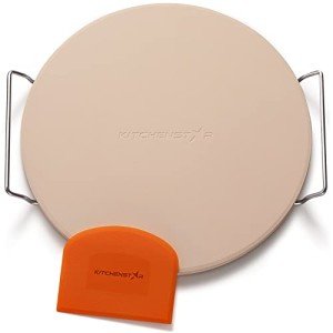 12" Pizza Stone for Oven & Grill with Handles - Natural Cordierite Baking Stone Set with SS Rack & Plastic Scraper (1500 °F Resistant, Round, Small)
