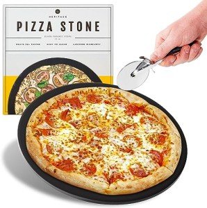 Heritage Pizza Stone, 15 inch Ceramic Baking Stones for Oven Use - Non Stick, No Stain Pan & Cutter Set for Gas, BBQ & Grill - Kitchen Accessories & Housewarming Gifts with Bonus Pizza Wheel - Black