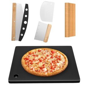 Hisencn Pizza Steel for Oven and Grill, 16 x16 inch Square Ceramic Pizza Steel 1/4" Thick, With Pizza Cutter Rocker, Measuring Scale Scraper, Plastic Cutter & 20 Cooking Papers