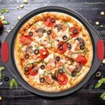ZOEHROWS Pizza Pan for Oven (2 Pack) Round Pizza Pan with Holes - Non-Stick Carbon Steel Pizza Tray with Silicone Handles - for Cooking, Baking, and Grilling - Dishwasher Safe