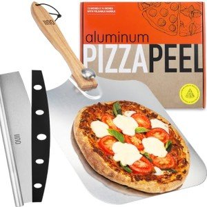OUII Pizza Peel with Cutter - 12 x 14-inch Metal Turning Peel, 14'' Pizza Cutter with Blade Cover - Premium Pizza Spatula Paddle, Pizza Oven Accessories Compatible with Ooni, Blackstone, Gozney