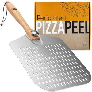 OUII Perforated Pizza Peel 12 x 14 Inch. - Aluminum Metal Spatula Paddle for Grill with Foldable Handle. Pizza Oven Accessories and Tools. Turning Peel, Bread, Pastry, Dough, Cake.