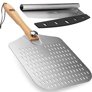 OUII Perforated Pizza Peel 12 x 14 Inch. Paddle Spatula with Foldable Handle - Pizza Cutter Rocker 14'' Blade. Pizza Stone Oven Accessories and Chopper Knife Tools