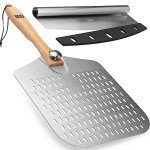 OUII Perforated Pizza Peel 12 x 14 Inch. Paddle Spatula with Foldable Handle - Pizza Cutter Rocker 14'' Blade. Pizza Stone Oven Accessories and Chopper Knife Tools