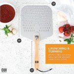 OUII Perforated Pizza Peel 12 x 14 Inch. Paddle Spatula with Foldable Handle - Pizza Cutter Rocker 14'' Blade. Pizza Stone Oven Accessories and Chopper Knife Tools
