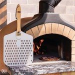 OUII Perforated Pizza Peel 12 x 14 Inch. Paddle Spatula with Foldable Handle - Pizza Cutter Rocker 14'' Blade. Pizza Stone Oven Accessories and Chopper Knife Tools