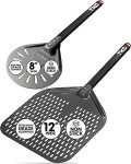 TKC 12", 8" Perforated Pizza Peels - Professional Aluminum Pizza Turning peel - Long Handle Metal Pizza Spatula for Indoor and Outdoor - Lightweight Non-Stick Pizza Turner - Pizza Oven Accessories