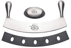 The Bold Bee 12" Stainless Steel Mezzaluna Knife & Cover + FREE Stainless Steel Soap Odor Remover | Pizza Cutter | Fruit, Vegetable & Salad Chopper & Dicer | Herb Mincer