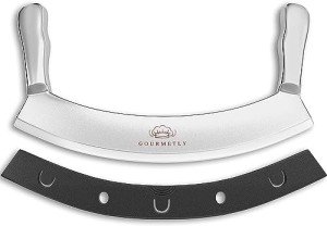 Gourmetly Stainless Steel Mezzaluna Knife with Cover – 12 In. Curved Blade with Solid Steel Handles & Mezzaluna Sheath – Pizza Cutter Rocker, Rocker Knife Veggie Cutter, Salad Chopper, & Herb Cutter