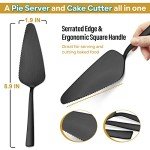 Matte Black Pie Server Set of 5, E-far 8.9 Inch Stainless Steel Cake Server Cutter for Pastry Cheese Pizza, Serrated Edge with Square Handle