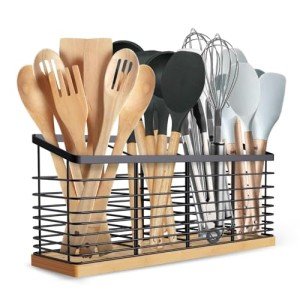 Extra Large Matte Black Utensil Holder with Wood Base