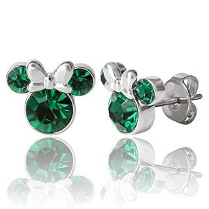 Disney Womens Minnie Mouse May Birthstone Stud Earrings - Minnie Mouse Earrings - Faux Emerald Earrings (May-Emerald Crystal)