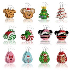 Stology Christmas Santa Faux Leather Earrings Set of 12, Xmas Snowman Bear Peppermint Candy Teardrop Dangle Earrings Bulk Red Green Fashion Jewelry, Funny Winter Holiday Accessory for Women