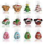 Stology Christmas Santa Faux Leather Earrings Set of 12, Xmas Snowman Bear Peppermint Candy Teardrop Dangle Earrings Bulk Red Green Fashion Jewelry, Funny Winter Holiday Accessory for Women