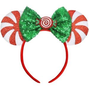 UNSPAZ Light Up Mouse Ears, Christmas Mouse Ears Headband, Christmas Ears for Women Adult Kids, Christmas Headband Park Ears Christmas Party Cosplay Costumes Accessories (Light Up Candy)