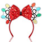 Needzo Light Bulb Christmas Mouse Ears Bow Headband, Sequin Holiday Party Hair Accessories, One Size Fits Most