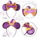 YOWOCAL Halloween Mouse Ear Headband for Women Girls, Purple Sequin Bow Witch Hat Hair Hoop,Headwear Hair Headdress for Halloween Party Decorations Costume Gift