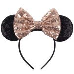Seamoy Sequin Rose Gold Minnie Headband with Mouse Ears and Bow, Sparkle Park Princess Ears for Women Girls (Gold Bow and Black)
