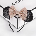 Seamoy Sequin Rose Gold Minnie Headband with Mouse Ears and Bow, Sparkle Park Princess Ears for Women Girls (Gold Bow and Black)