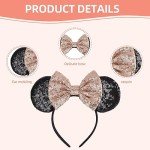 Seamoy Sequin Rose Gold Minnie Headband with Mouse Ears and Bow, Sparkle Park Princess Ears for Women Girls (Gold Bow and Black)