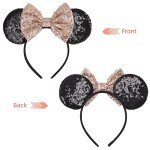 Seamoy Sequin Rose Gold Minnie Headband with Mouse Ears and Bow, Sparkle Park Princess Ears for Women Girls (Gold Bow and Black)