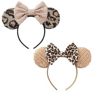 UNDEHAAC Bows Mouse Ears Headband - 2 Pcs Cute Sequin Headband for Women and Girls, Suitable for Halloween Variety Holiday Party Favors and Cosplay Role Play(Rose Gold and Leopard Print)