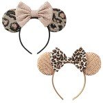 UNDEHAAC Bows Mouse Ears Headband - 2 Pcs Cute Sequin Headband for Women and Girls, Suitable for Halloween Variety Holiday Party Favors and Cosplay Role Play(Rose Gold and Leopard Print)