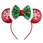 LSHDXD Christmas Mouse Ears Bow Headband Hair Hoop, Glitter Snowflake Hair bands for Christmas Party Supplies Hot Pink Princess Dress Up