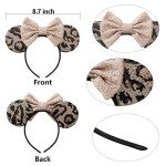 UNDEHAAC Bows Mouse Ears Headband - 2 Pcs Cute Sequin Headband for Women and Girls, Suitable for Halloween Variety Holiday Party Favors and Cosplay Role Play(Rose Gold and Leopard Print)