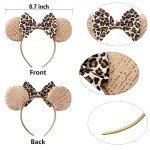 UNDEHAAC Bows Mouse Ears Headband - 2 Pcs Cute Sequin Headband for Women and Girls, Suitable for Halloween Variety Holiday Party Favors and Cosplay Role Play(Rose Gold and Leopard Print)