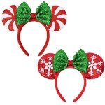 UNSPAZ Christmas Mouse Ears Headband, 2 PCS Christmas Ears for Women Kids, Sequin Bow Headbands for Christmas Parties Cosplay Costume (Peppermint Green & Red Snowflake)