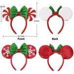 UNSPAZ Christmas Mouse Ears Headband, 2 PCS Christmas Ears for Women Kids, Sequin Bow Headbands for Christmas Parties Cosplay Costume (Peppermint Green & Red Snowflake)