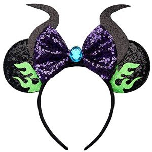 RAZKO Maleficent Minnie Ears Headband, Sequin Devil Horn Mickey Ears Headband Mouse ears Headband for Women Girls Hair Accessories (Flaming Maleficent)