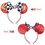 RAZKO Sequin Minnie Ears Headband, Glitter Red Lightning Mouse Ears with Bow, Park Princess Ears for Women, Girls, and Kids (Cars-95)
