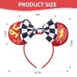 RAZKO Sequin Minnie Ears Headband, Glitter Red Lightning Mouse Ears with Bow, Park Princess Ears for Women, Girls, and Kids (Cars-95)