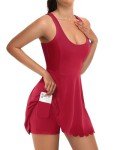Chovbe Women's Tennis Dress with Separate Shorts and Bra Square Neck Scalloped Edge Athletic Workout Dresses with Pockets Red Medium