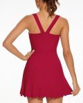 Chovbe Women's Tennis Dress with Separate Shorts and Bra Square Neck Scalloped Edge Athletic Workout Dresses with Pockets Red Medium