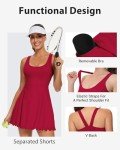 Chovbe Women's Tennis Dress with Separate Shorts and Bra Square Neck Scalloped Edge Athletic Workout Dresses with Pockets Red Medium