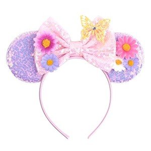 YOWOCAL Mouse Ears Butterfly Flower Headband,Sequin Bows Cosplay Costume Pink Mouse Ears Headwear for Women Girls Princess Party Halloween Spring Holiday Decorations Hair Accessories Gifts