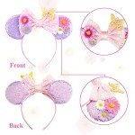 YOWOCAL Mouse Ears Butterfly Flower Headband,Sequin Bows Cosplay Costume Pink Mouse Ears Headwear for Women Girls Princess Party Halloween Spring Holiday Decorations Hair Accessories Gifts