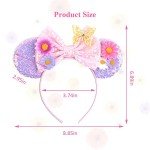 YOWOCAL Mouse Ears Butterfly Flower Headband,Sequin Bows Cosplay Costume Pink Mouse Ears Headwear for Women Girls Princess Party Halloween Spring Holiday Decorations Hair Accessories Gifts