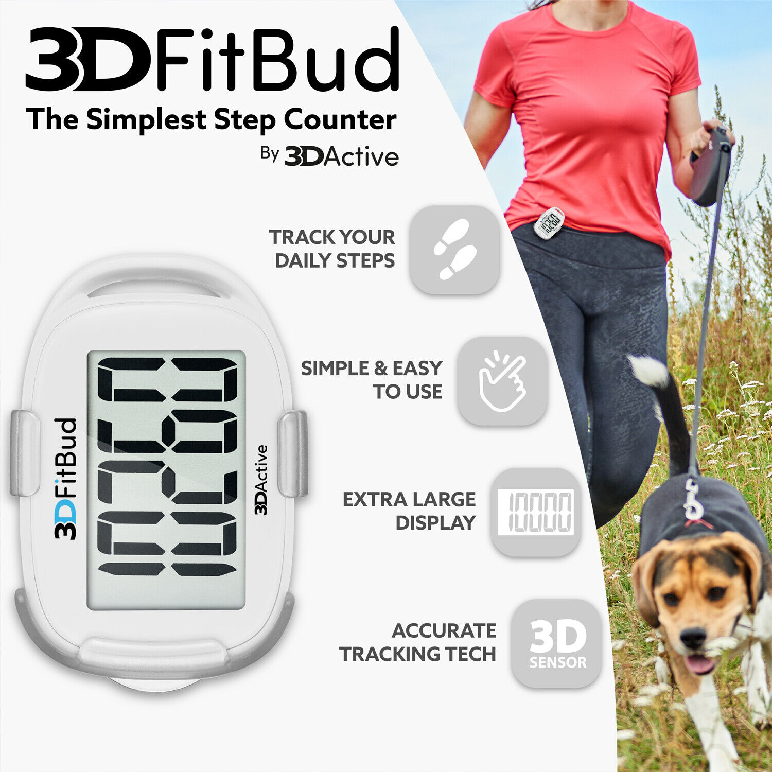 3DFitBud 3D Pedometer with Clip & Lanyard