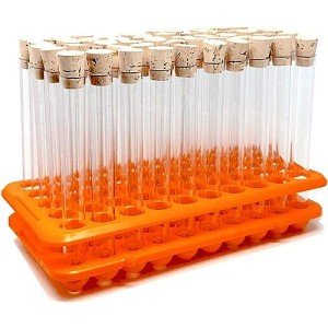 50 Plastic Test Tubes with Cork Stoppers and Rack